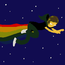 a cartoon drawing of a person flying through the air with a rainbow behind them