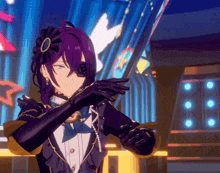 a girl with purple hair and black gloves is standing on a stage