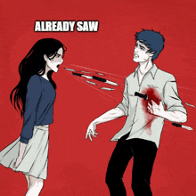 a drawing of a man and a woman with knives coming out of them and the words already saw above them