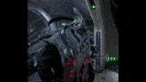 a video game character is standing in a room with a green light