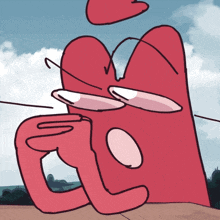 a cartoon drawing of a red heart with glasses and a blue sky behind it