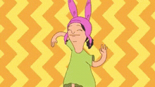 a cartoon character from bob 's burgers is dancing on a zigzag background .