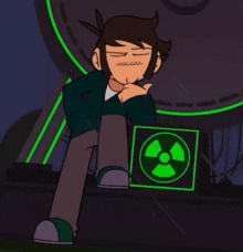a cartoon character is pointing at a green sign with a radioactive symbol on it