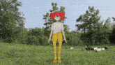 a girl with red hair is standing in a grassy field with ducks in the background