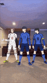 three soccer players are standing in a living room and one of them has the number 11 on his jersey