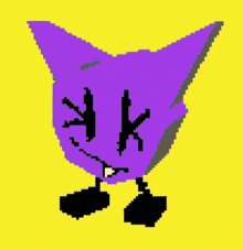 a pixel art drawing of a purple cat with black feet