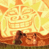 a painting of a woman standing in front of a giant sun .