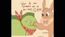 a cartoon of a rabbit putting a bandana on a green frog 's face .
