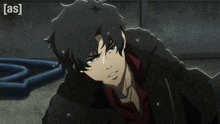 a man in a black jacket with a red shirt and the word [ as ] on the bottom right