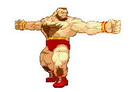 a pixel art drawing of a muscular man in red shorts