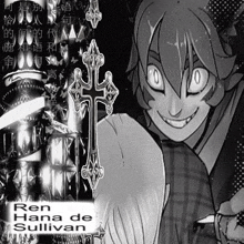 a black and white drawing of ren hana de sullivan with a cross in the background