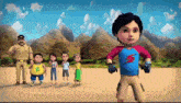a group of cartoon characters including a police officer and a boy with a s on his shirt