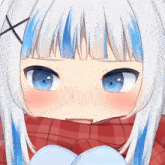 a close up of a girl 's face with blue eyes and white hair