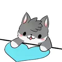 a gray and white cat is holding a blue heart