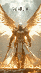a knight with wings and a sword has the name melih on the bottom