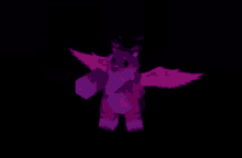a purple furry with pink wings is standing in the dark .
