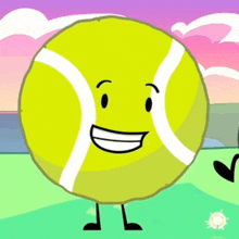 a cartoon drawing of a tennis ball with a smiling face