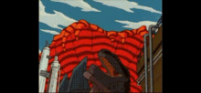 a cartoon of a man standing in front of a large red building with a rocket in the background .
