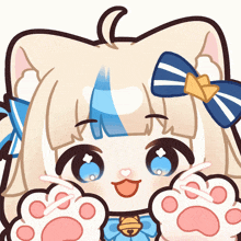 a cartoon drawing of a cat with a blue and white bow