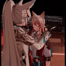 a couple of anime characters are hugging each other in front of a window .