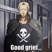 a man wearing a skull and crossbones shirt is standing in a hallway and says good grief