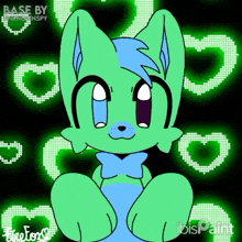 a drawing of a green rabbit with hearts in the background and the words base by on the bottom