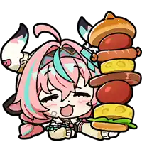a cartoon girl is holding a stack of burgers