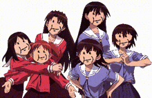 a group of anime girls are posing for a picture with smiley faces drawn on their faces