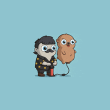 a cartoon of a man pumping a balloon next to a bear
