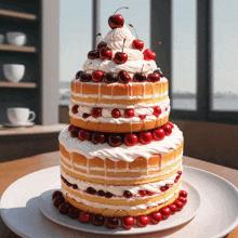 a cake with cherries and whipped cream on top of it