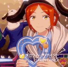 a red haired anime character is holding a blue heart shaped object in his hands .