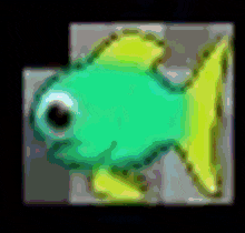 a green and yellow cartoon fish with a big eye and yellow tail .