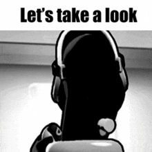 a black and white drawing of a person wearing headphones holding a cell phone .