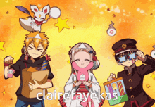 a group of anime characters standing next to each other with the name claire fayeka written on the bottom