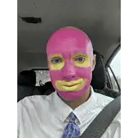a man with pink and yellow paint on his face is wearing a white shirt and blue tie