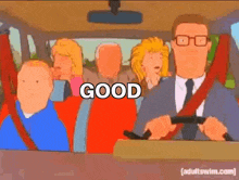 a man is driving a car with a group of people in the back seat and the word god is written on the screen .