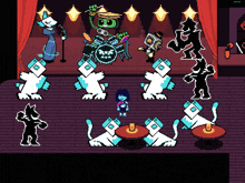 a video game scene with a girl and a band
