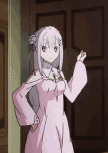 an anime girl in a pink dress is standing in front of a door