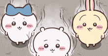 three cartoon characters are standing next to each other and one has a bow on her head