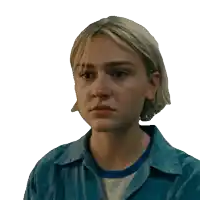 a woman in a blue shirt with a white t-shirt underneath