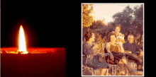 a candle is lit next to a photo of a family