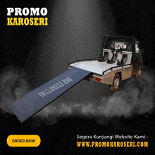 an ad for promo karoseri shows a tow truck with a ramp on the back