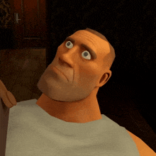 a cartoon character with a beard and a white shirt is looking up