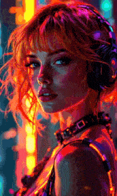 a colorful painting of a woman wearing headphones and a choker necklace