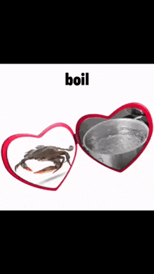 a heart shaped mirror shows a crab and a pot of water
