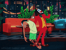 a cartoon of a man in a green shirt standing next to a joker