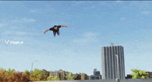 a man in a black shirt is squatting in front of a blue sky with the letters viggle.ai in the corner