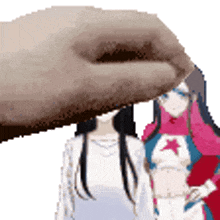 two anime girls are standing next to each other with a hand covering their face