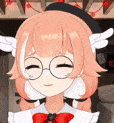 a girl with glasses and wings is smiling in front of a clock with the number 10 on it
