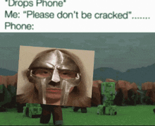 a picture of a woman wearing a helmet with the words " please don 't be cracked " on the bottom